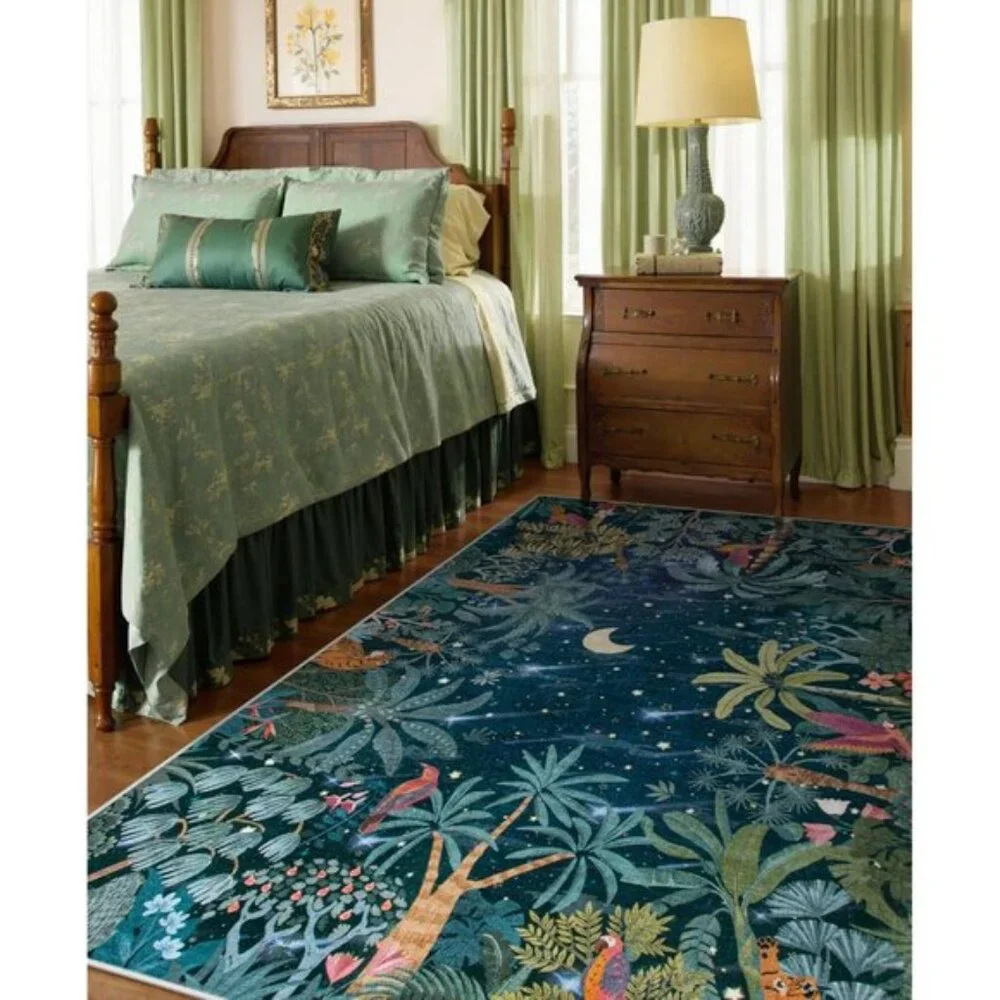 New 5x7 Midnight Jungle Green Rug, Washable Botanical Non-Slip Carpet for Home